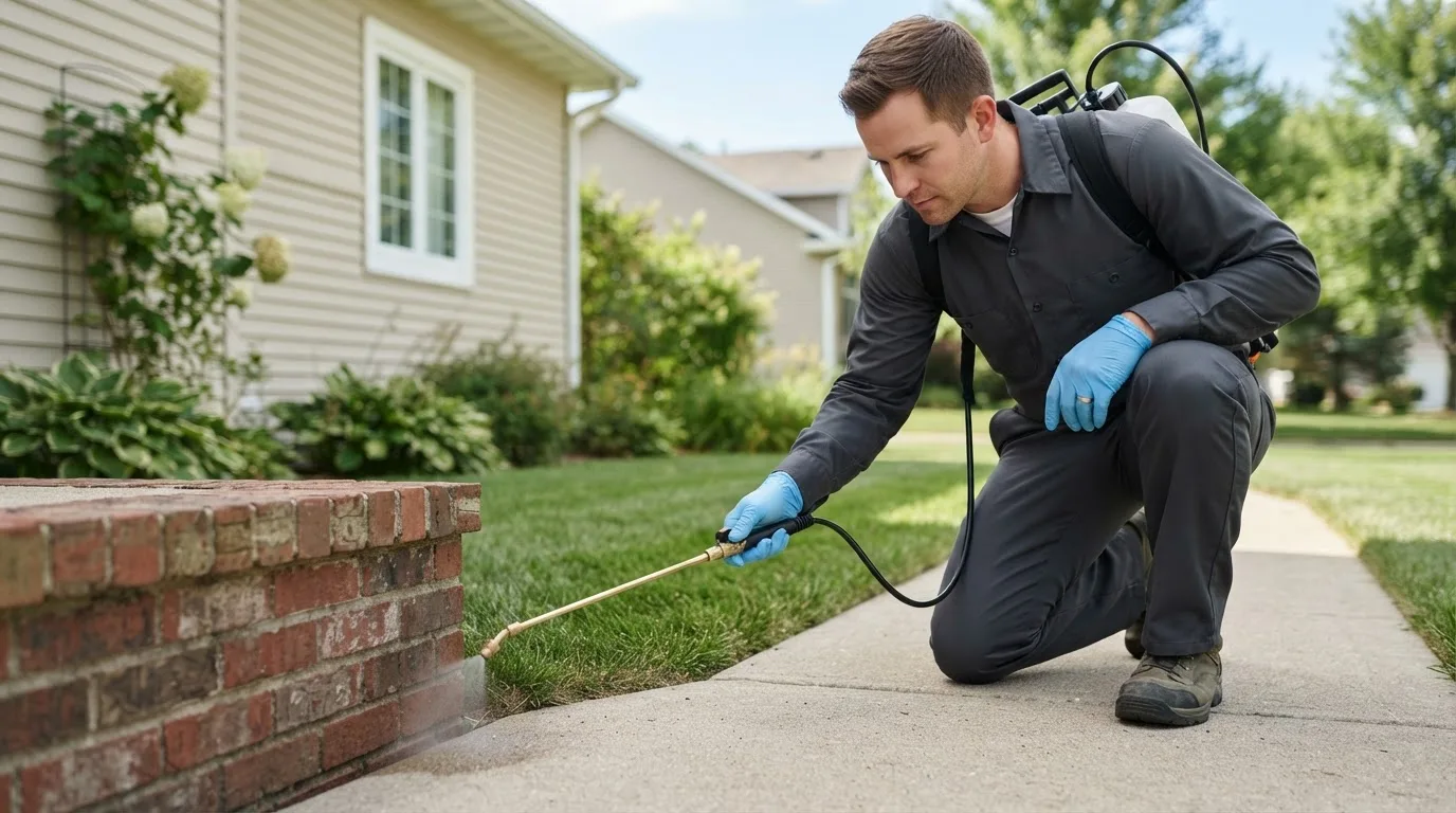 Pest control technician treating a home near Connelly Springs, NC